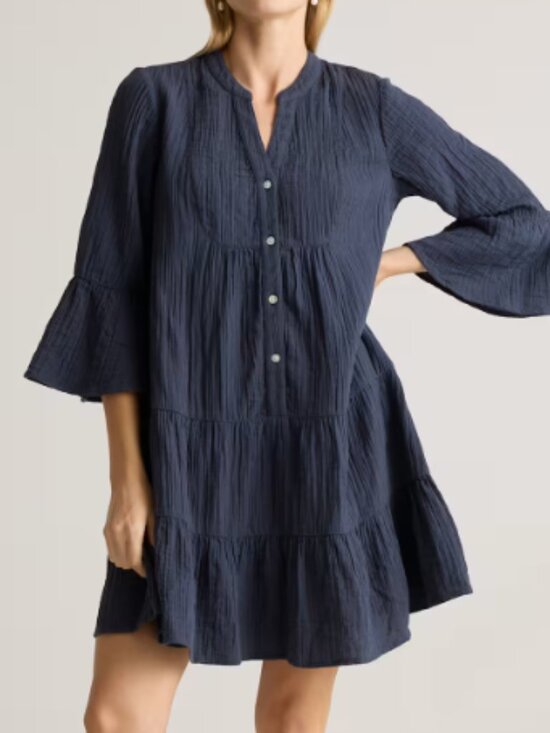 Quince Dresses & Skirts - Quince 100% Organic Cotton Gauze Long Sleeve Tiered Mini Dress Blue XL NWOT